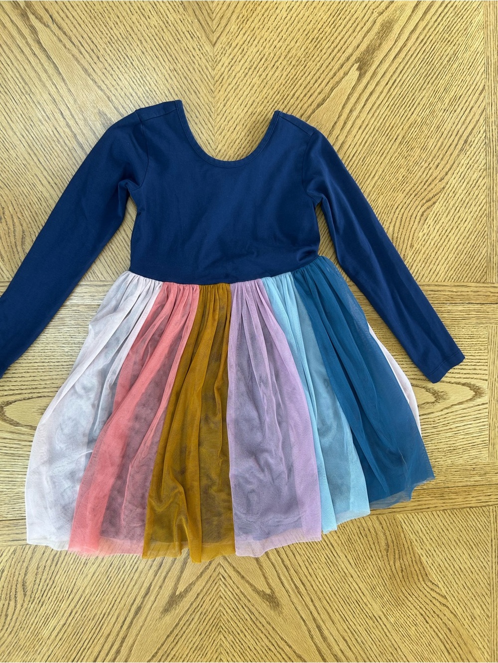 Hanna Andersson Girls Navy Long-Sleeve Rainbow Tulle Skirt Dress - Picture 1 of 4